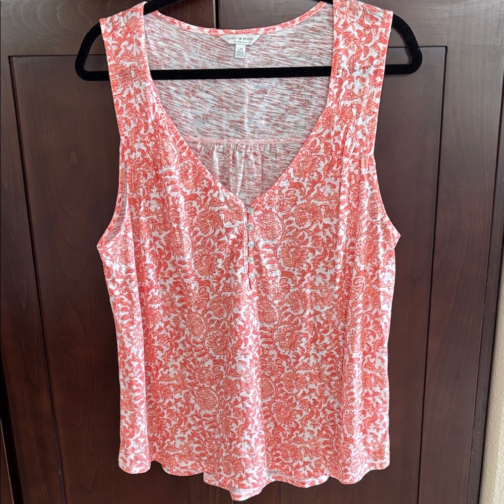 Lucky Brand Coral and White Floral Sleeveless V-Neck Tank